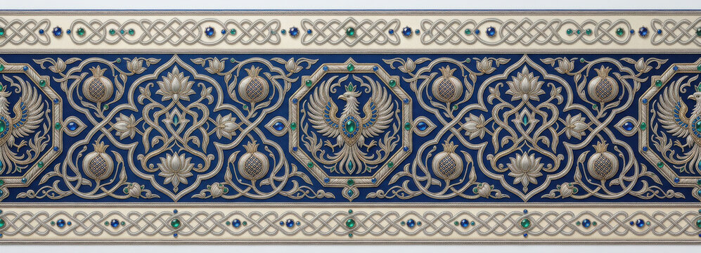 Ornate decorative border with phoenix bird motif, pomegranate patterns, and blue generated using ai