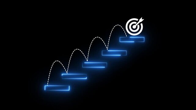 Glowing neon arranges a wooden block staircase with target icon. Achieving goals and objectives or goal setting.4k motion graphics video animation