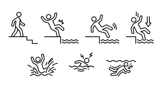 Stick figure falling into water drowing and swimming accident icons set