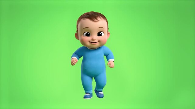 A cheerful 3D cartoon baby boy in a blue jumpsuit happily dancing and stepping, isolated on a solid green screen background.