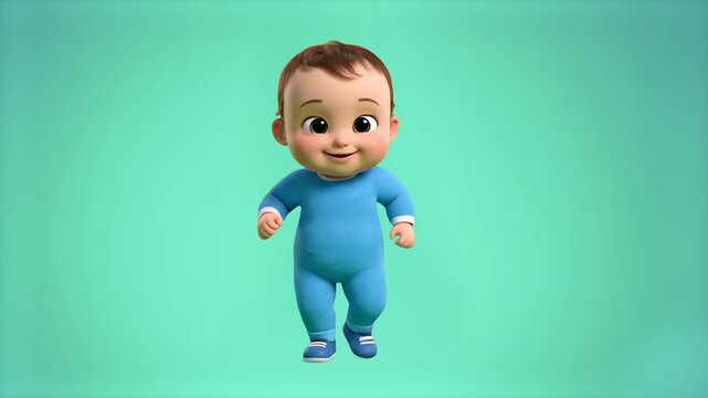 A cute 3D animated baby boy wearing a blue onesie walking forward with a smile against a solid teal background. This character design is ideal for children's educational content, nursery rhymes, and p