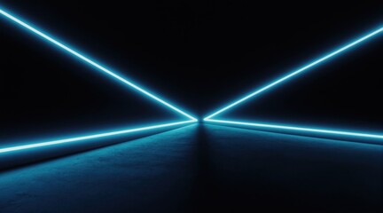Fototapeta premium Bright blue neon lines cross in dark space. Geometric pattern on concrete floor creates perspective path, tunnel effect. Abstract futuristic scene invites imagination. Concept for tech themes.