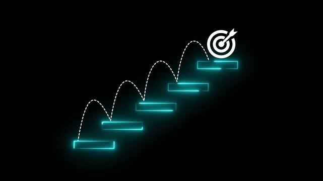 Glowing neon arranges a wooden block staircase with target icon. Achieving goals and objectives or goal setting.4k motion graphics video animation