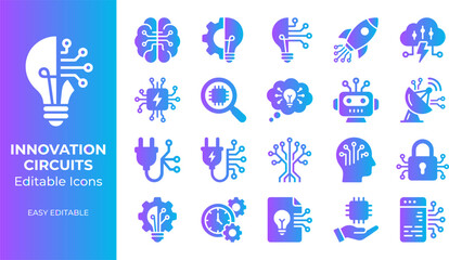 Innovation circuits editable icons technology lightbulb brain rocket ship robot ai. © FahimBD