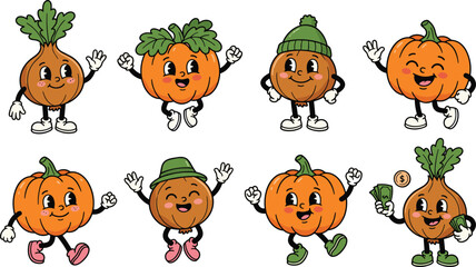 Fototapeta premium Retro Vegetable Cartoon Mascot Character Vector Set Featuring Vintage Pumpkin Onion and Potato Graphic Elements