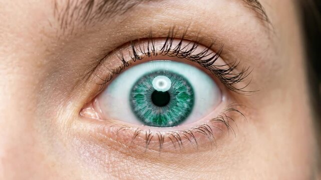 An extreme close-up of a human eye with a vibrant green iris wide open in an expression of shock, surprise, or intense focus.