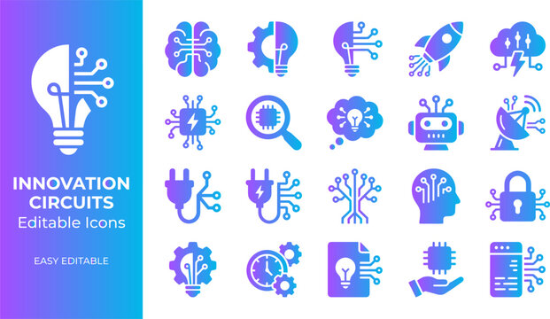 Innovation circuits editable icons technology lightbulb brain rocket ship robot ai.