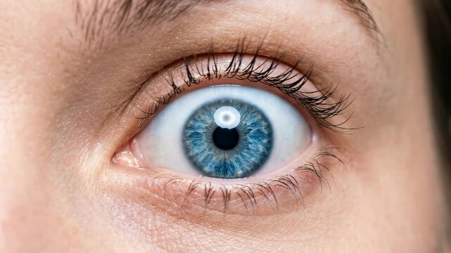 A detailed macro shot focusing on a human blue eye opened wide in shock, surprise, or amazement. This intense visual is perfect for psychology content, optometry marketing, and dramatic cinematic tran