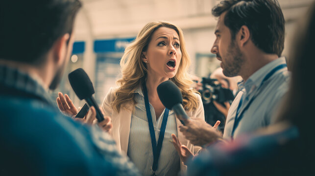 Businesswoman speaking passionately while reporters record interview ,speaker, a man answering on a questions, reporter, a women speaking , photo style
