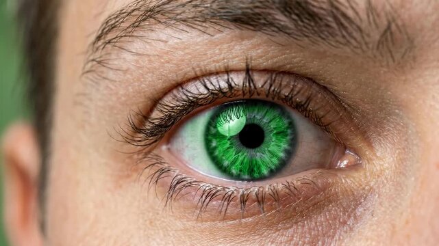 An extreme close-up of a human eye with a vibrant green iris wide open in an expression of shock, surprise, or intense focus.