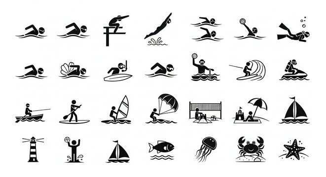 Set of Water Sports and Beach Activity Icons, Minimalist Black and White Pictograms for Summer Vacation and Marine Life