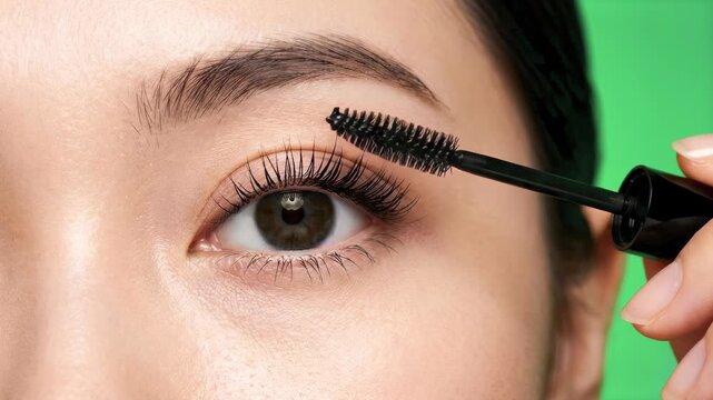 Extreme close-up shot of a professional mascara brush applying black product to long, healthy eyelashes. Perfect for beauty tutorials and cosmetic advertising.