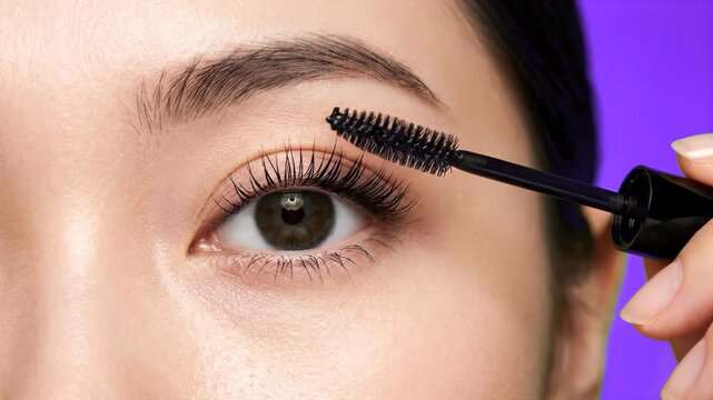 Extreme close-up shot of a professional mascara brush applying black product to long, healthy eyelashes. Perfect for beauty tutorials and cosmetic advertising.