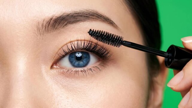 A detailed macro shot focusing on a blue eye as a mascara wand applies black makeup to enhance the length of the eyelashes.