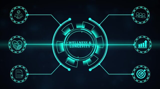 Wellness and Longevity Concept. A medical professional interacts with a digital interface displaying wellness and longevity icons, promoting health and long-term well-being.4k motion graphics video