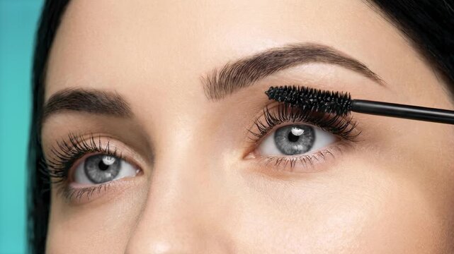 A macro shot focusing on a grey eye as a mascara wand applies black makeup to enhance and extend the eyelashes.