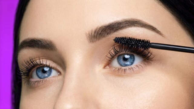 A close-up view of a woman with blue eyes applying black mascara to her upper eyelashes using a cosmetic wand brush. This live-action beauty studio footage focuses on eye makeup application and cosmet