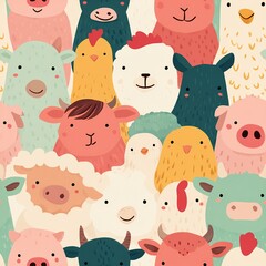 Fototapeta premium Cute, colorful illustration of various farm animals tightly grouped with simplified, friendly faces and pastel shades.