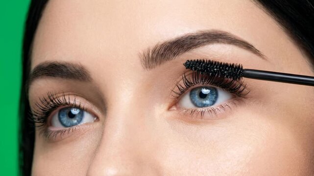 A close-up view of a woman with blue eyes applying black mascara to her upper eyelashes using a cosmetic wand brush. This live-action beauty studio footage focuses on eye makeup application and cosmet