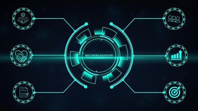 Recommendations and business solutions concept. Businessman interacting with a digital interface displaying various business icons, emphasizing recommendations and strategic planning.4k video