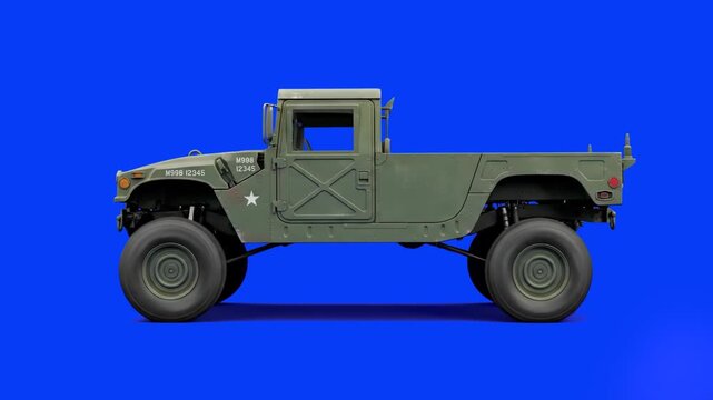 A detailed 3D model of a desert-green military Humvee tactical vehicle in side profile, perfect for military simulations and defense industry projects.