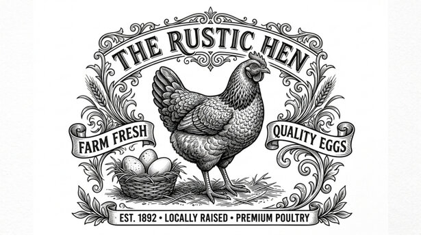 Vintage chicken engraving vector with hen eggs and rustic poultry farm badge illustration
