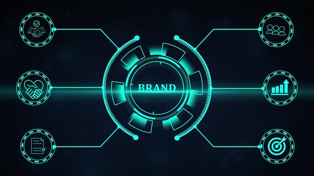 Brand trust and loyalty concept. Touching a glowing Brand icon within a digital network filled with handshake icons, representing trust, credibility, partnerships and strong brand relationships.4k