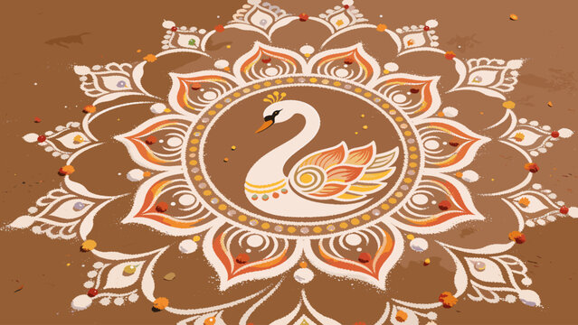 A detailed and colorful traditional Indian rangoli art design featuring a graceful swan surrounded by intricate floral patterns on a brown surface.
