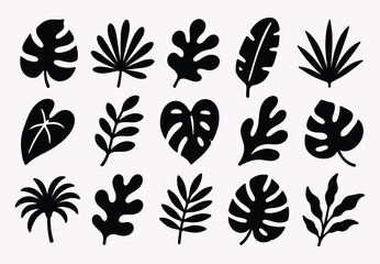 Modern tropical leaf silhouette collection with monstera palm and botanical foliage elements in clean black vector style. Minimalist nature inspired design ideal for branding textiles wall art packagi © Idee khan