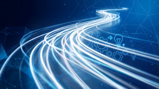 Futuristic Data Stream and Light Trails with Gear and Lightbulb Icons Representing Technical Innovation and Process Speed