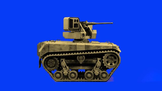 A military unmanned ground vehicle with a camouflage pattern and a mounted weapon turret moves forward with spinning caterpillar tracks, isolated on a blue screen background.