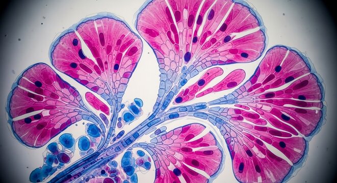 Vibrant Plant Tissue Cross Section Under Microscope on White Background