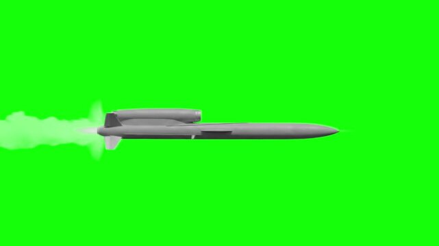 A 3D animation featuring the Ukrainian long-range cruise missile FP-5 Flamingo flying through the air. The solid green screen background provides seamless chroma keying and effortless background repla