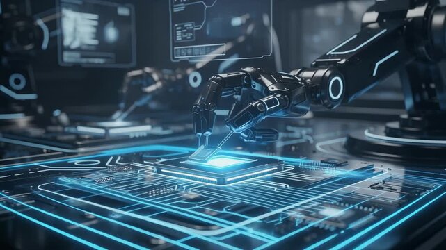 Robotic arm placing glowing microchip on futuristic circuit board technology innovation