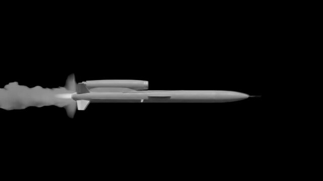 A high-contrast 3D animation of the modern Ukrainian FP-5 Flamingo stealth cruise missile flying steadily from right to left. Isolated against a stark black backdrop, this clean tech loop works except