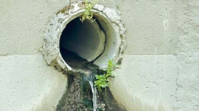 A stream of water trickles steadily out of a round concrete drainage pipe. Small plants grow along the damp of the stone structure. A continuous rushing splash blends into the heavy hum of the city.