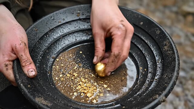 Hands holding gold nugget with panning tools outdoors at daytime
