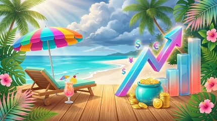 Obraz premium Financial growth, investment, and tropical vacation. Rising neon charts and arrows alongside dollar ($), pound (£), and euro (€) currency symbols, symbolizing financial success and wealth accumulation