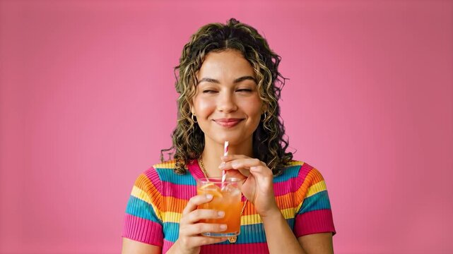 Cheerful young woman with curly hair wearing a colorful rainbow striped shirt drinking an iced cocktail through a straw on a pink background. Perfect for summer promotions, refreshing drink ads, party