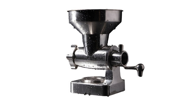 A shiny metal manual meat grinder on a transparent background