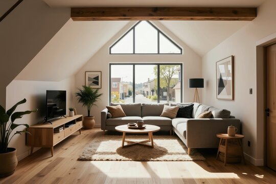 Bright living room with loft conversion features large windows and cozy sectional sofa. Minimalist decor with natural wood flooring and accents. Efficient small space living design.