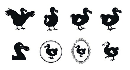 Obraz premium Set of Dodo Bird Silhouettes and Icons for Graphic Design, Extinct Animal Vector Illustrations on White Background