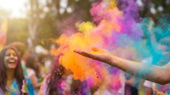 Colorful powder exploding from a hand in a festival setting with people celebrating