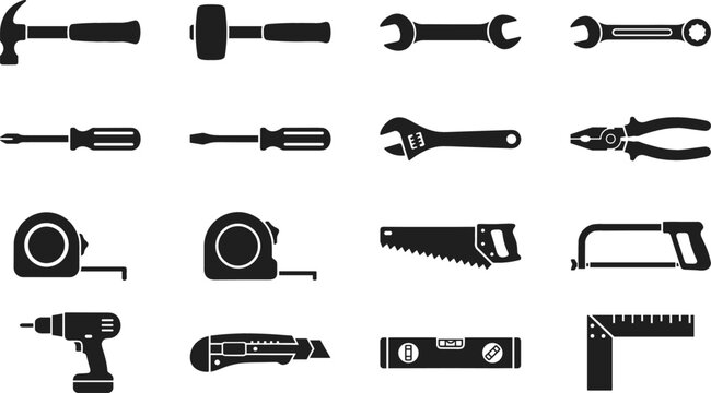 Construction Hand Tools Silhouette Icon Set with Hammer Wrench Screwdriver Saw and Drill for Carpentry Workshops Hardware Stores and DIY Home Renovation Projects