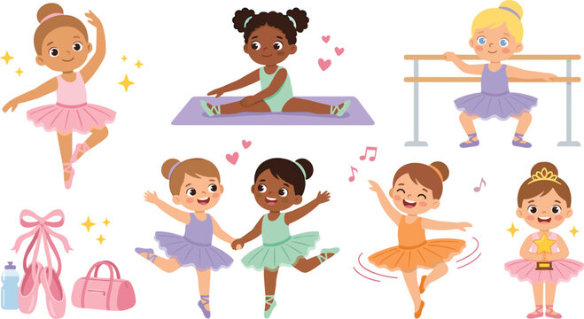 Happy Cartoon Little Girls Ballet Dancer Vector Set Featuring Diverse Kids Practicing at Barre Stretching Dancing in Tutus and Winning Trophy Elements