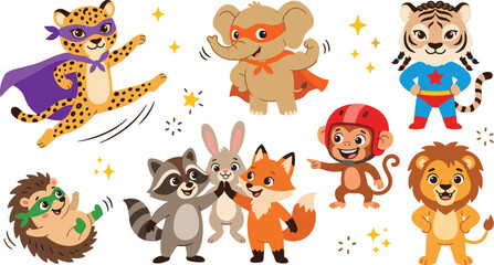 Obraz premium Cute Superhero Animals and Forest Friends Vector Set Featuring Cartoon Leopard Elephant Tiger Monkey Lion Fox Raccoon and Hedgehog in Capes