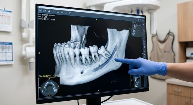 Dentist pointing a pen or finger at a fully or partially impacted wisdom tooth on a large 3d panoramic or cbct dental x-ray displayed on a computer monitor, representing oral surgery planning
