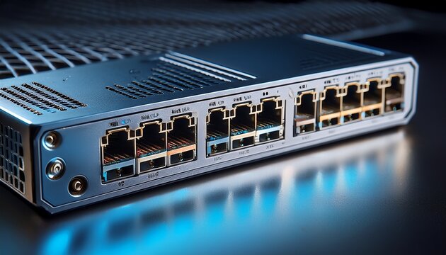 closeup of a computers network ports and connectors on a metal surface