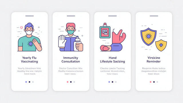 Influenza Prevention Mobile Onboarding Vector Set &ndash; Flu Vaccination and Immunity Walkthrough Screens