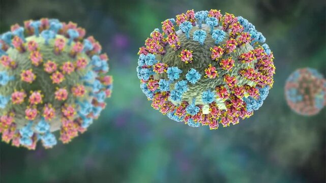 Influenza virus particles with glycosylated hemagglutinin and neuraminidase spikes, rotating and drifting. 3D animation of enveloped RNA virions illustrating surface glycan shielding and viral structu